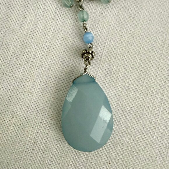 Artisan Teardrop Beaded Necklace 14 Inch Silver Tone Aqua Pendant - Picture 2 of 10